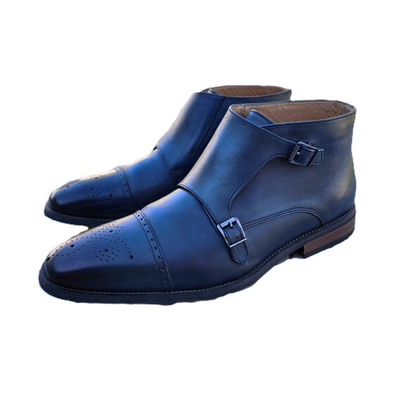 La Milano Blue Burnished Leather Double Monk Strap Cap Toe Boots 13 - Picture 12 of 13